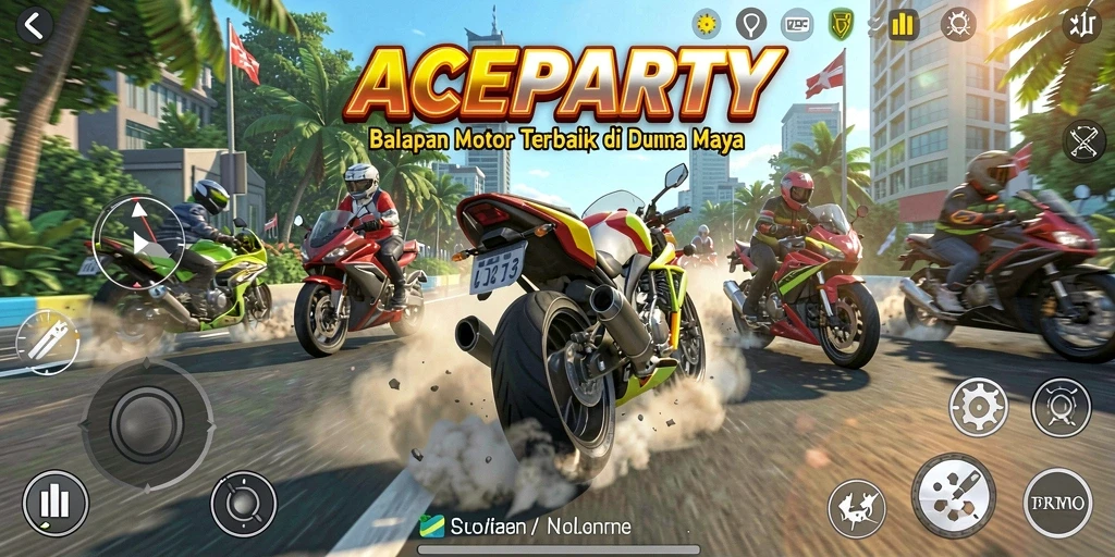 Tampilan gameplay ACEPARTY dengan motor balap yang cepat dan trek menantang.
