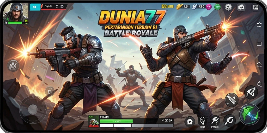 Tampilan gameplay seru di DUNIA77 dengan aksi Battle Royale intens.
