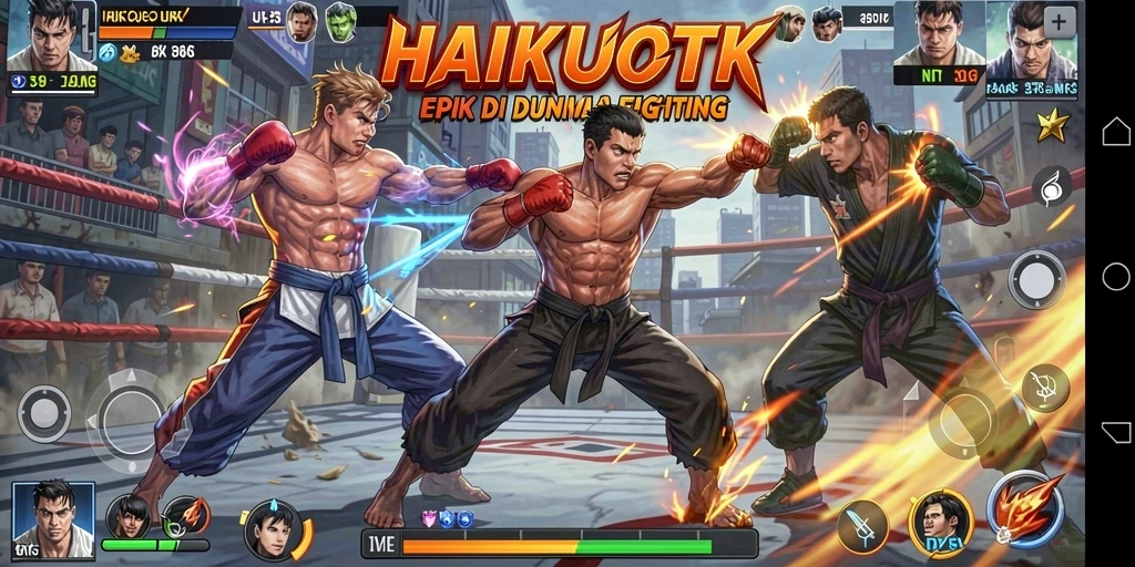 Screenshot utama HAIKUOTK menampilkan duel seru antara karakter dalam arena Fighting.