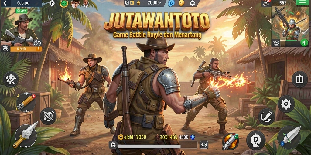 Screenshot utama JUTAWANTOTO menampilkan pertarungan seru di arena Battle Royale.
