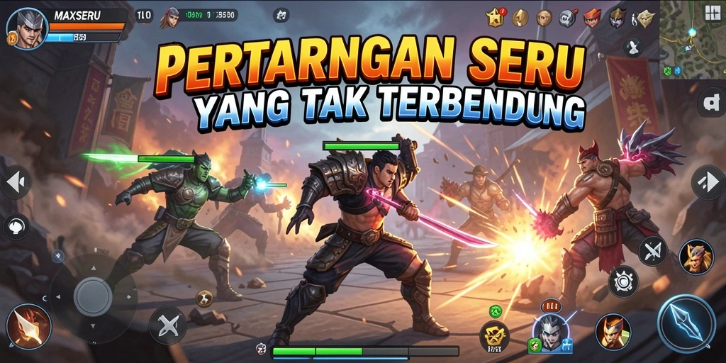 Tangkapan layar gameplay <strong>MAXSERU</strong> yang menunjukkan pertarungan yang intens.