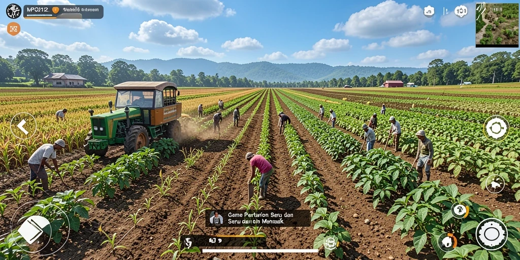Tampilan gameplay seru dengan kebun yang hijau dan beragam tanaman.