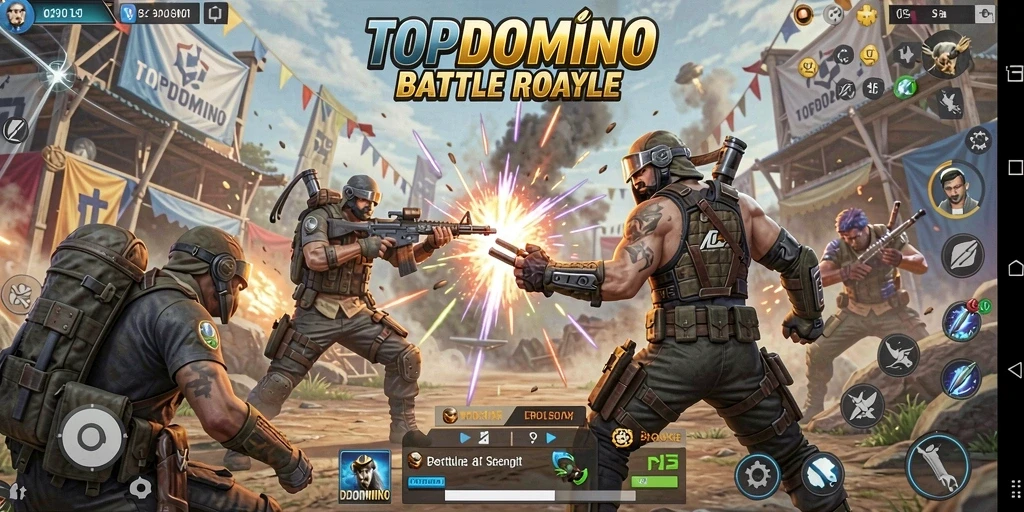 Screenshot utama TOPDOMINO menampilkan gameplay seru Battle Royale.